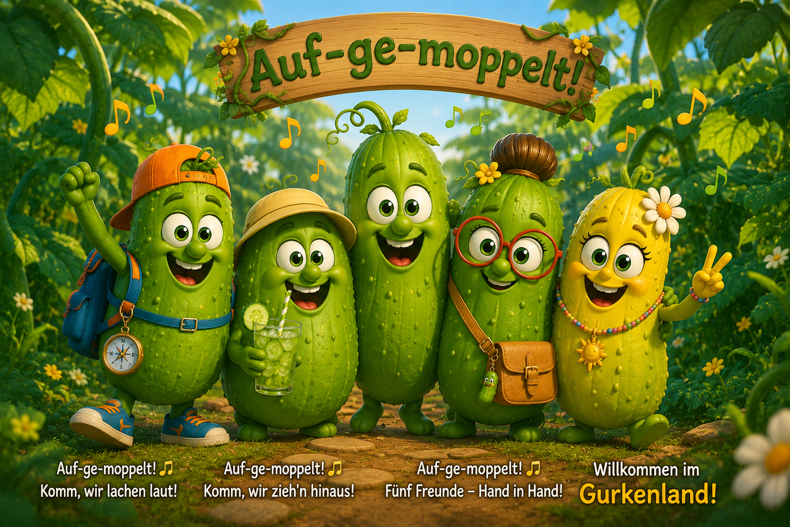Die fünf Gurkenfreunde singen unter dem Aufgemoppelt-Schild im Gurkenwald